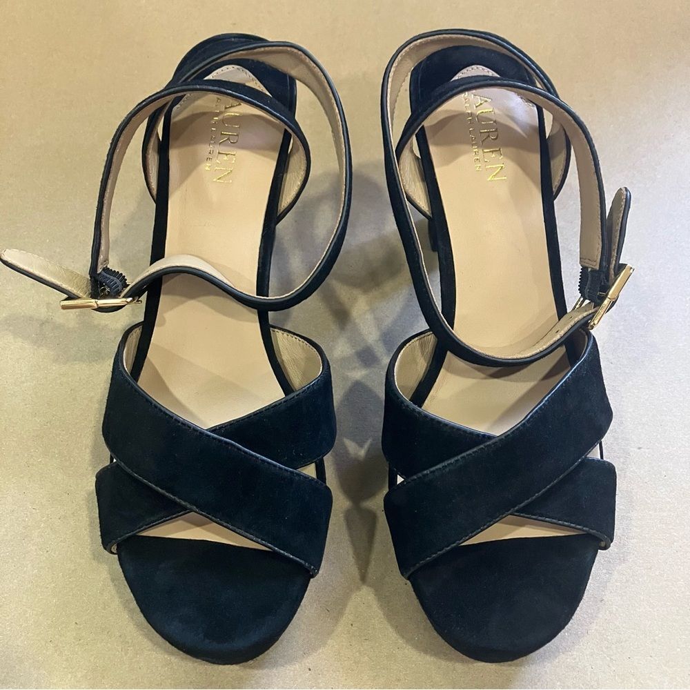 LAUREN RALPH LAUREN Sasha Suede Velvet Buckle Heel Platform Sandal size 9.5 NEW - Picture 2 of 7